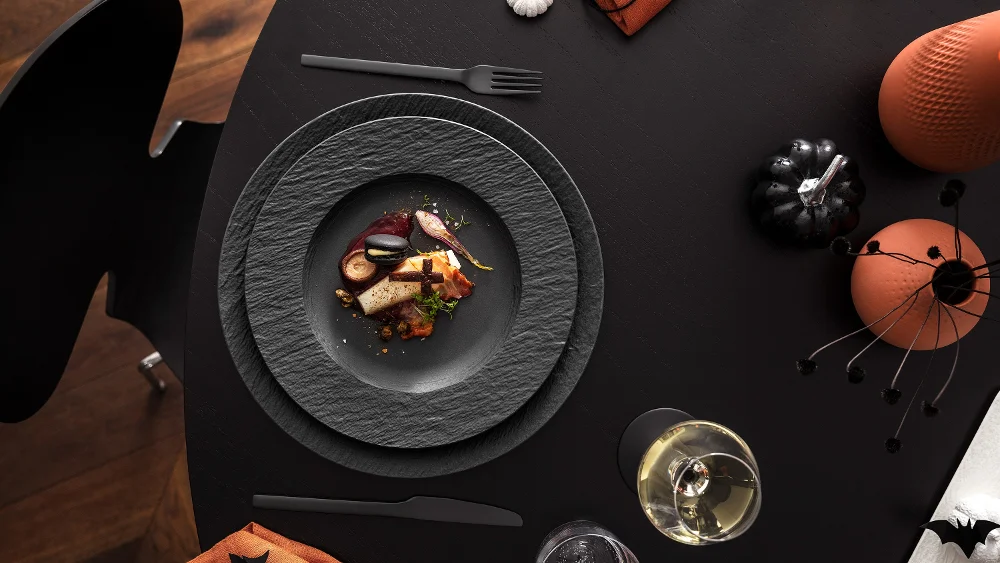 Manufacture Rock on a full Halloween table setting  Full Manufacture collection on a Halloween theme table setting.