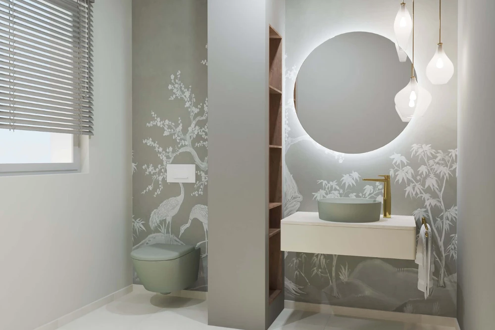 Modern guest bathroom in neutral colors Modern guest bathroom with wall-hung toilet, round mirror, counter-top basin, pendant lights, and wall art with birds and trees