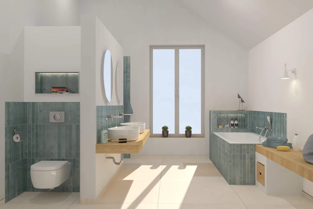 Modern Bathroom with Bathtub and Shower Modern bathroom with teal-colored tiles, surface-mounted sink, bathtub, wall-mounted toilet, large window, and minimal decor.