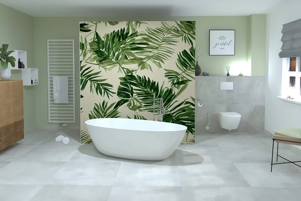 Bathroom with Freestanding Bathtub and Green Accents Modern bathroom with a freestanding tub and a large green, leaf-patterned accent wall, light tiles, and minimal decor.