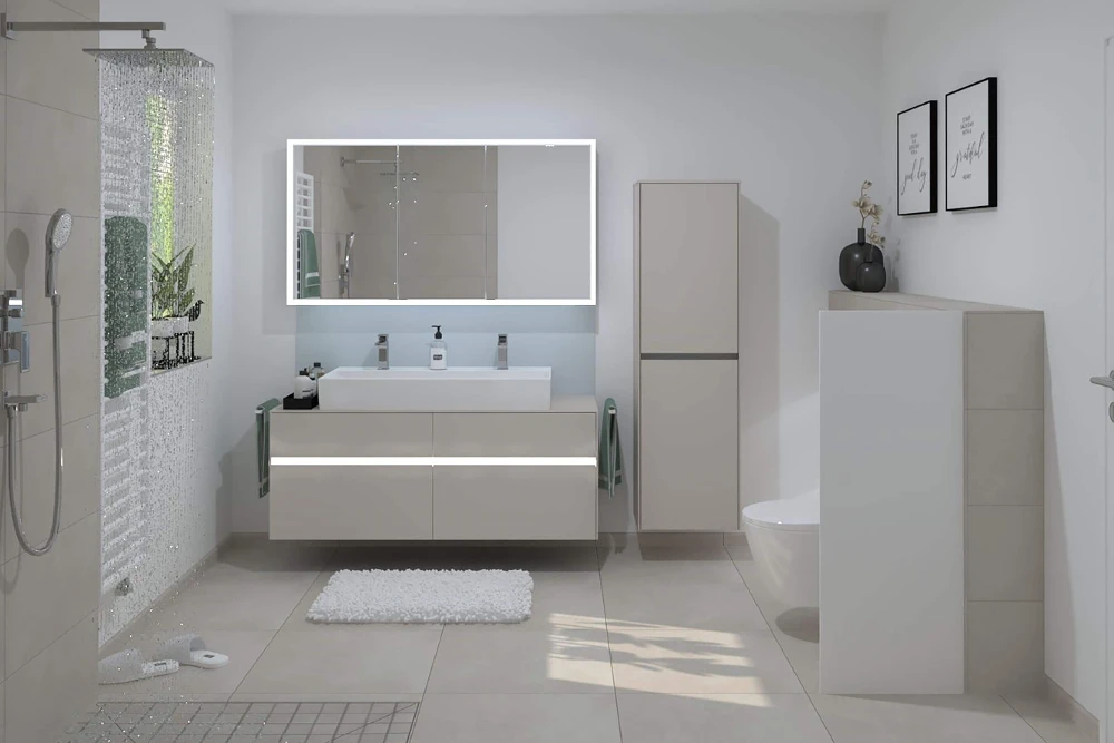 Modern Bathroom with Shower and Neutral Colors Modern bathroom with a double vanity, large mirror, glass shower, toilet, and minimalist decor in neutral tones.