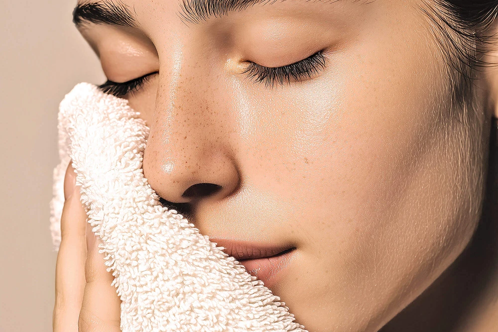 Una persona con gli occhi chiusi preme delicatamente un asciugamano bianco sul viso, forse durante una routine di cura della pelle.