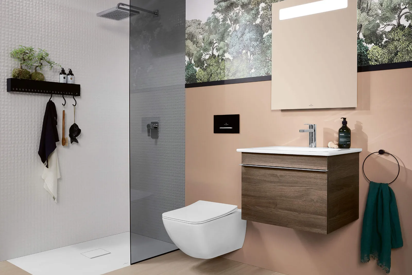 A bathroom with a Venticello toilet, vanity unit and Squaro Infinity shower.