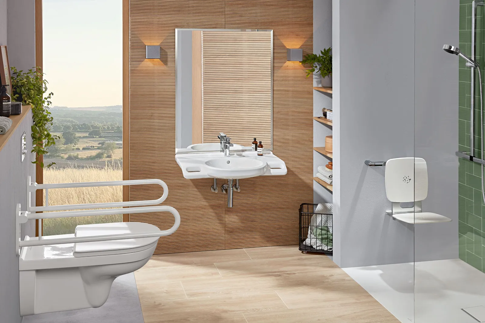 A modern accessible bathroom with a toilet and washbasin from the ViCare collection by Villeroy & Boch.