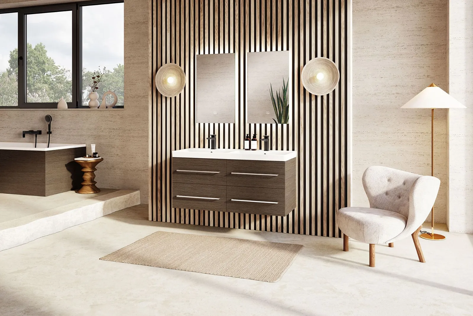 A bathroom with a wooden wall, in front of which is an Avento double washbasin on a wall-mounted vanity unit by Villeroy & Boch.