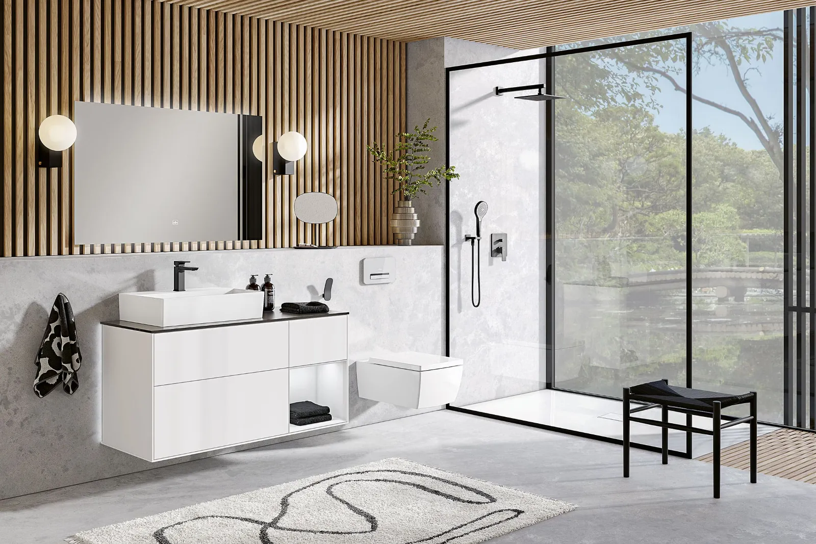 A modern bathroom with modern wooden ceilings and a white Memento 2.0 washbasin and toilet.