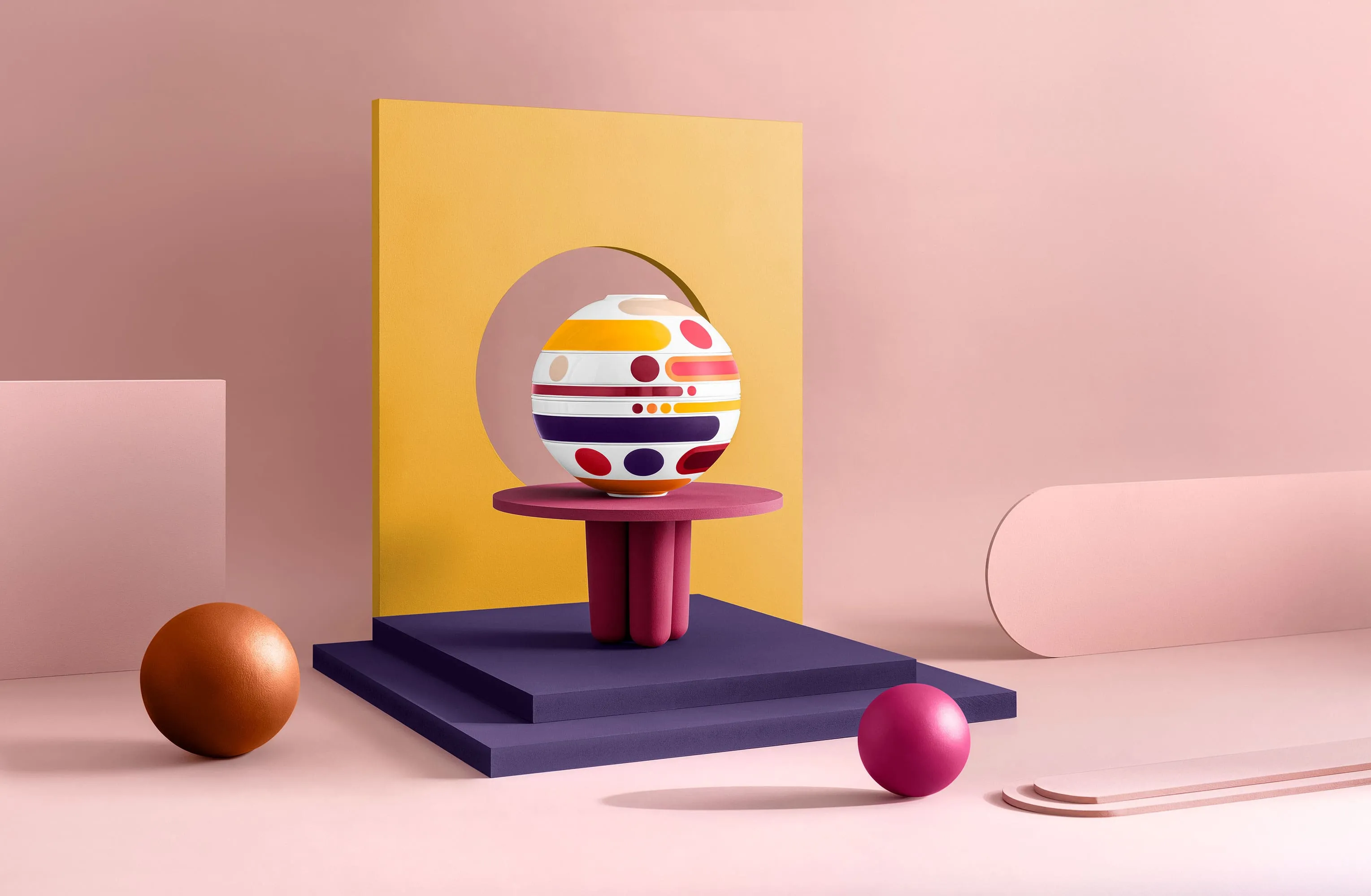 La Boule Miami with various patterns presented on a purple base against a geometric background with pink, yellow and orange-coloured elements.