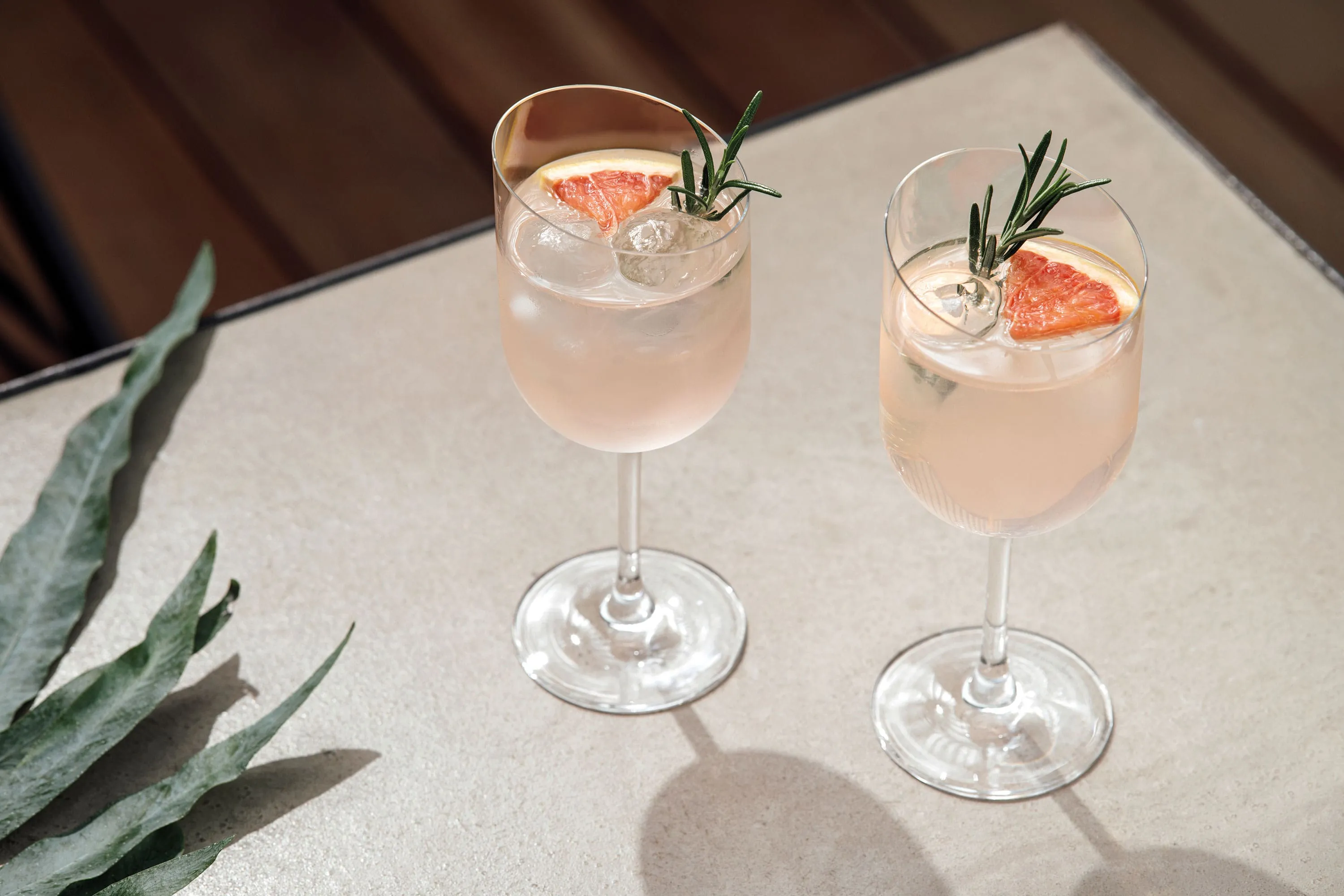 Deux verres à vin rouge NewMoon avec des cocktails au romarin et au pamplemousse Deux verres de vin rouge NewMoon avec des cocktails au romarin et au pamplemousse sur une table en bois.