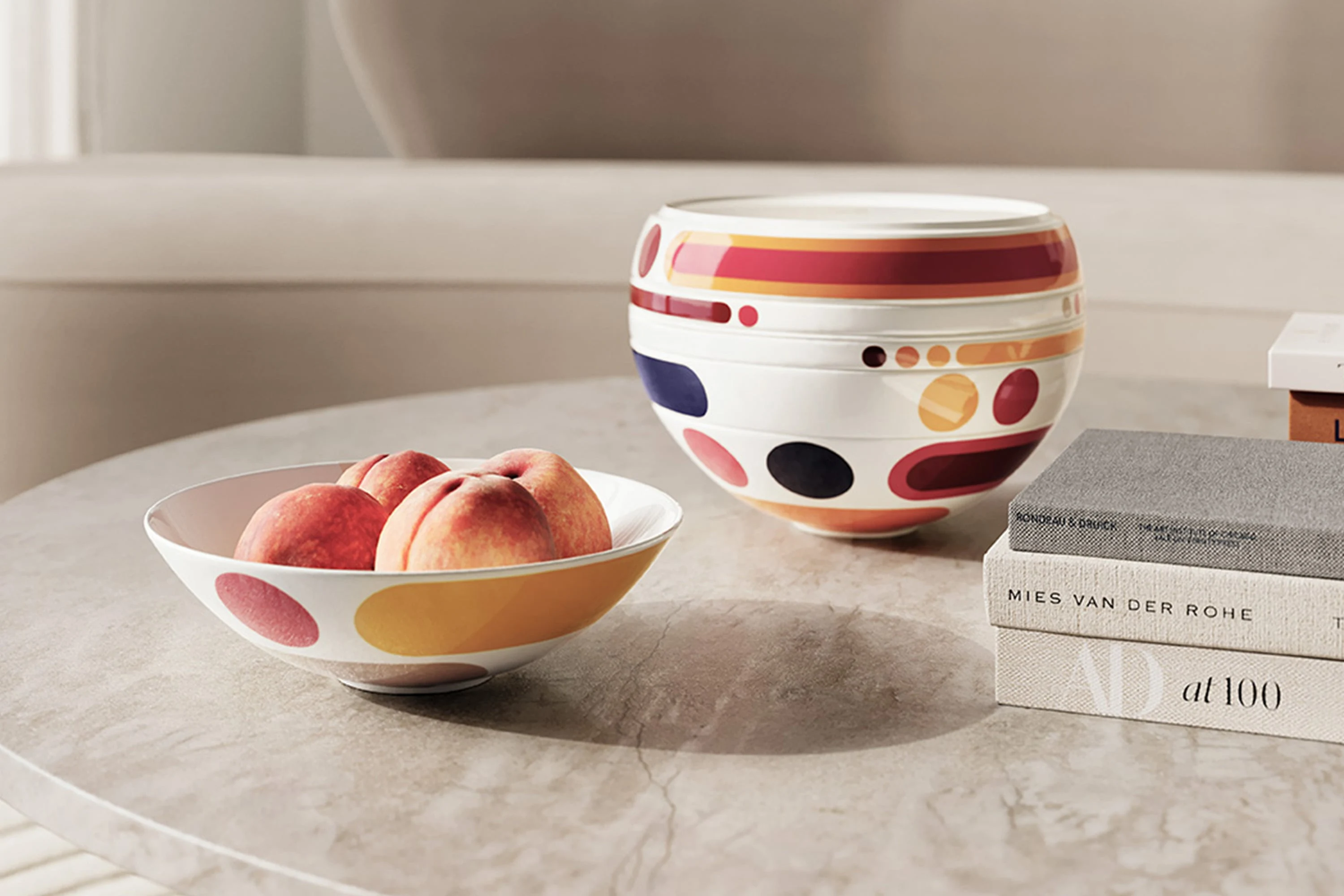 La Boule Miami on a table with a bowl of peaches
