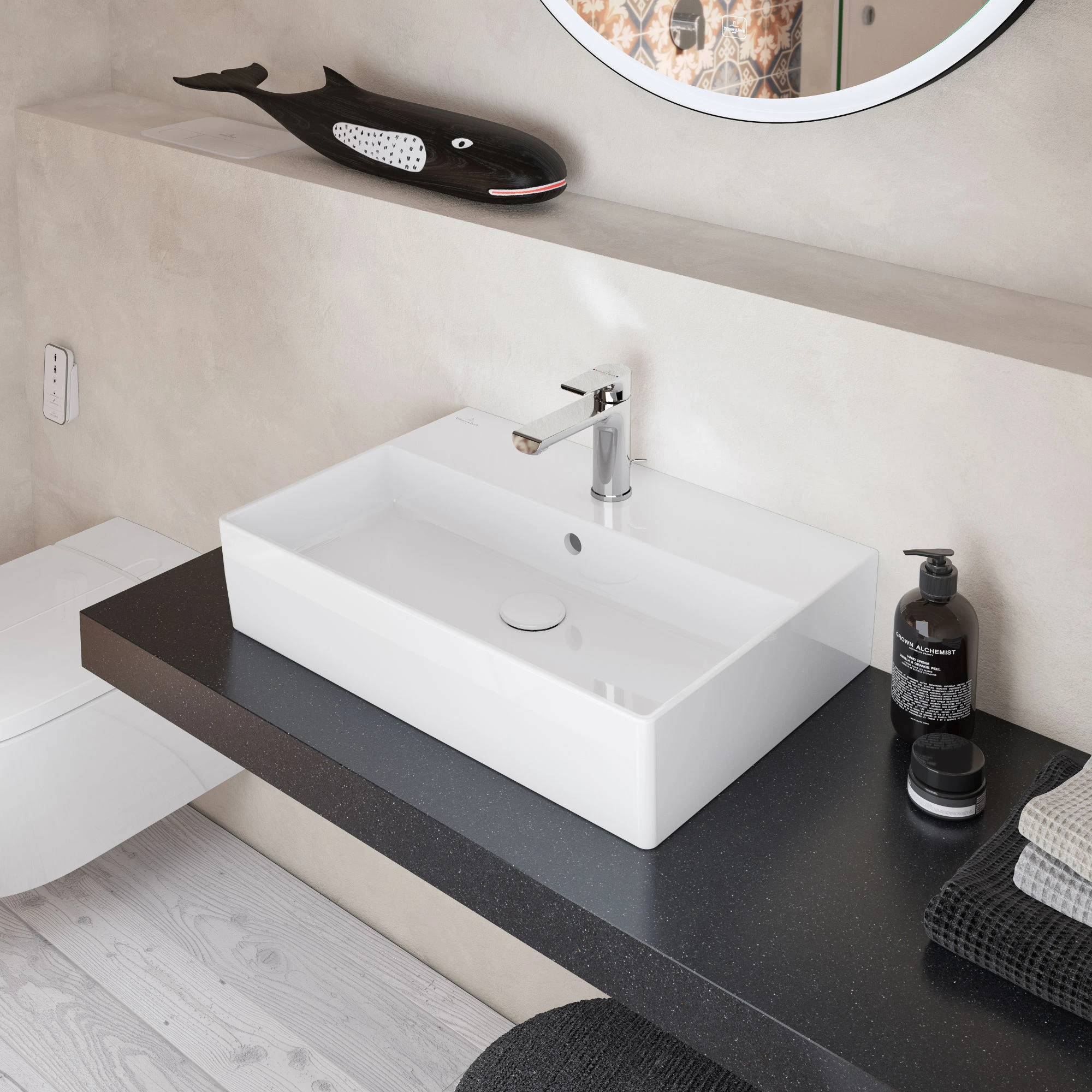Lavabo singolo Minimalist Memento 2.0 in bianco lucido, posato su un piano scuro con rubinetto cromato moderno per un look elegante del bagno.