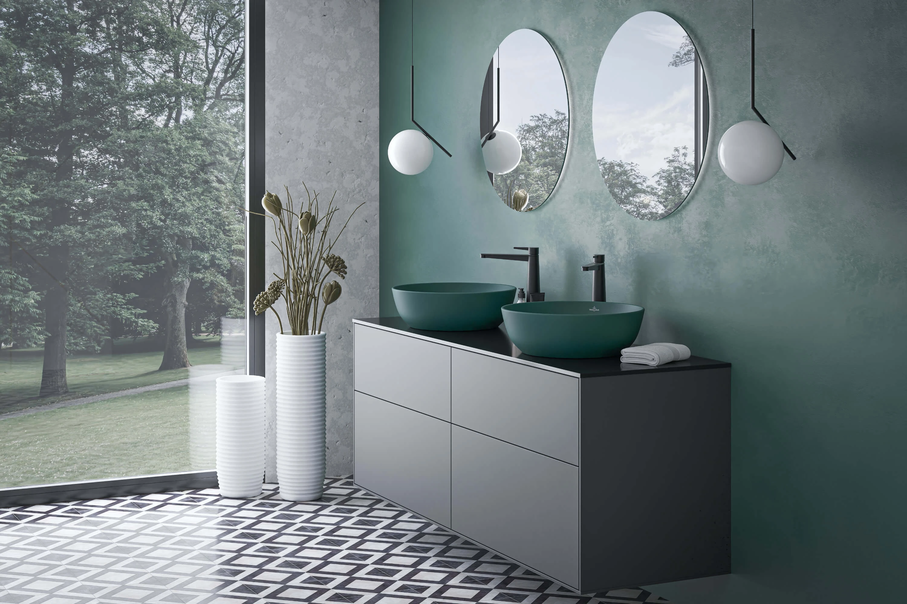 Design moderno del bagno della collezione Artis in verde petrolio con due lavabi, linee pulite e accenti naturali per un'atmosfera fresca ed elegante.