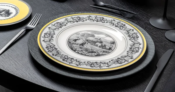 Audun plate in close-up with dinnerware and glasses from Manufacture Audun plates in close-up mixed with dinnerware and glassware from Manufacture