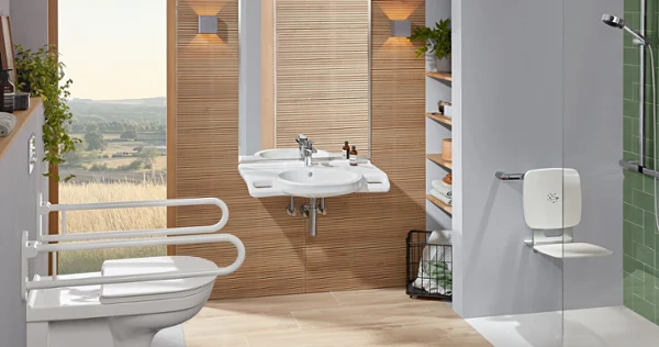 Accessible bathroom with ViCare products by Villeroy & Boch A modern accessible bathroom with a toilet and washbasin from the ViCare collection by Villeroy & Boch.