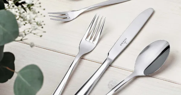 Villeroy & Boch Liam cutlery on a white table next to green plants and a grey napkin 