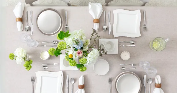 NewWave collection paired with NewMoon dinnerware Modern NewWave table setting styled with NewMoon dinnerware for a contemporary dining look.