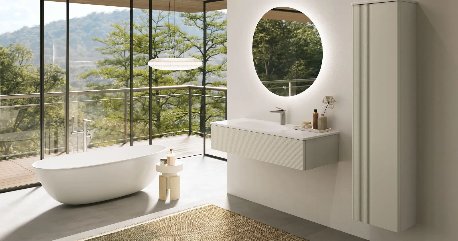 A modern bathroom with large windows and a Villeroy & Boch Antao bath.