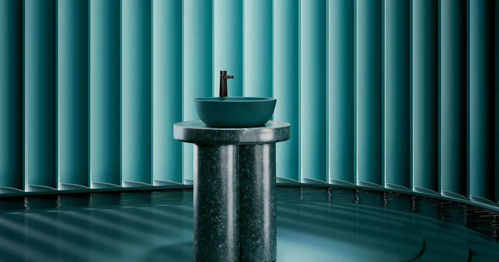 Świeżość i żywotność - Teal, nowy kolor Artis firmy Villeroy & Boch: Świeżość i żywotność - Teal, nowy kolor Artis firmy Villeroy & Boch Okrągła umywalka nablatowa Artis w kolorze Teal stoi na marmurowej podstawie w tym samym kolorze, otoczona niebiesko-zielonymi odcieniami. Delikatne, rozproszone światło i zaokrąglone stopnie u podstawy cokołu, które prowadzą do strefy wodnej, tworzą spokojną, niemal medytacyjną atmosferę.