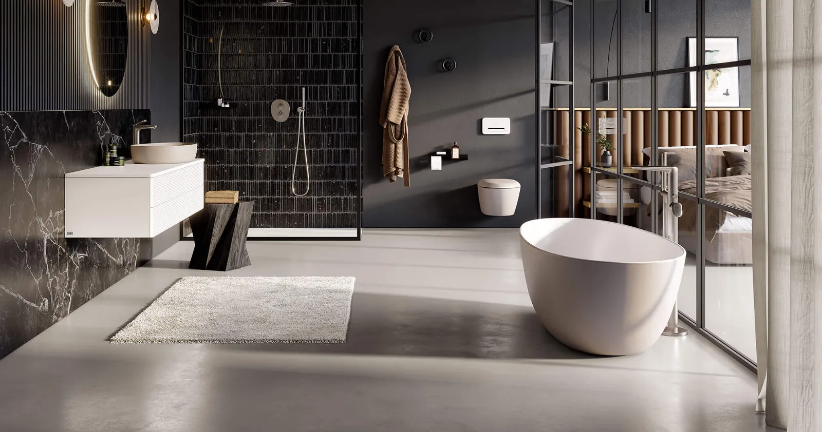 A modern bathroom with black walls and a white Antao bath by Villeroy & Boch.