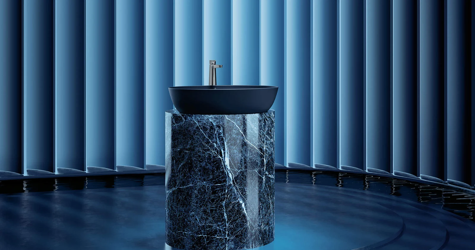 Mystisk og luksuriøs atmosfære med den nye Artis fargen Nightfall fra Villeroy & Boch: Mystisk og luksuriøs atmosfære med den nye Artis fargen Nightfall fra Villeroy & Boch Den ovale Artis servant på benk i fargen Nightfall står på en mørk marmorsokkel, omgitt av blå lysreflekser, vann og arkitektoniske strukturer. Iscenesettelsen utstråler en dramatisk, edel eleganse.