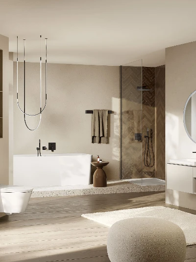 Tivo dusjtoalett i helbeige Subway 3.0-baderom Tivo dusjtoalett i Subway 3.0-baderom med varme, helbeige toner for et harmonisk og moderne interiør.