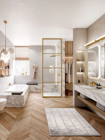 Umywalka Architectura w łazience gościnnej na drewnianej szafce Mała łazienka z prostokątną umywalką, szafką, okrągłym koszem, ręcznikiem i lustrem ściennym w naturalnych tonach.