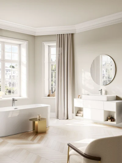 Nowoczesna łazienka z baterią umywalkową i wanną wolnostojącą. Jasne wnętrze łazienki prezentujące kolekcję Villeroy & Boch Vea z elegancką baterią umywalkową i wanną wolnostojącą w ponadczasowej, nowoczesnej harmonii.