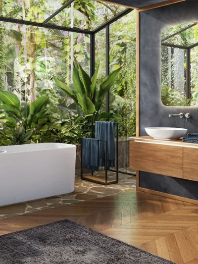 Bathroom with bathtub, double basins and tropical garden view Luxury bathroom with freestanding bathtub, double washbasins and wooden vanity, surrounded by lush greenery for a natural and exclusive retreat.