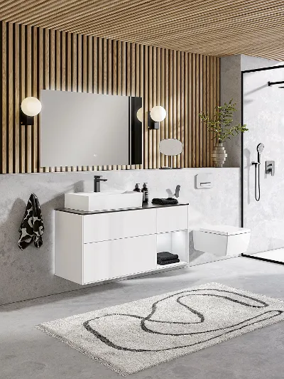 A modern bathroom with modern wooden ceilings and a white Memento 2.0 washbasin and toilet.