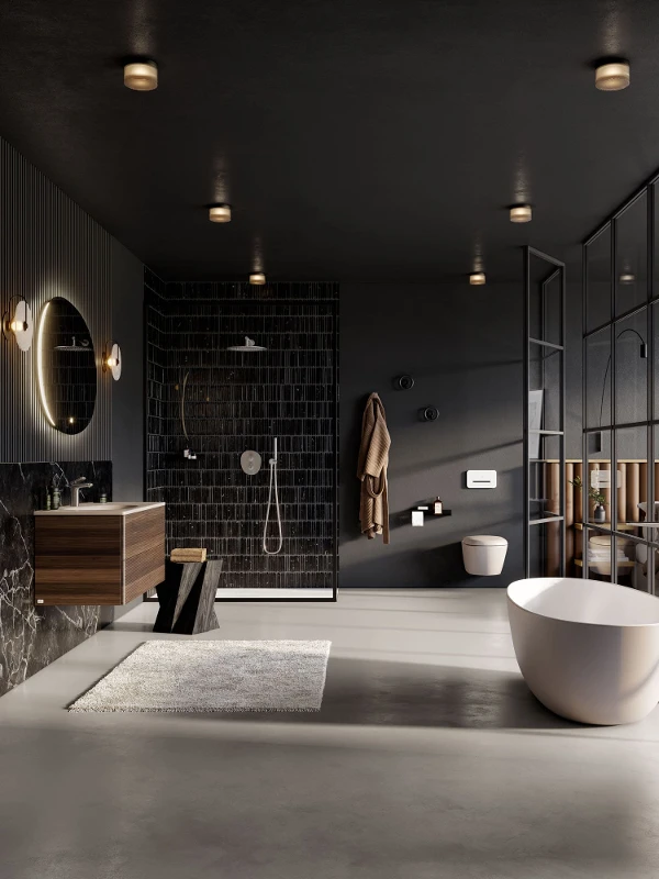 Moderne bad med mørke vegger, frittstående badekar, dusjkabinett i glass, servantbenk i tre med rundt speil og toalett. Rommet har elegante designelementer og rikelig med naturlig lys.