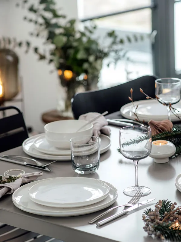 Et spisebordssett med servise, glass og dekor fra Villeroy & Boch Winter Glow-kolleksjonen.