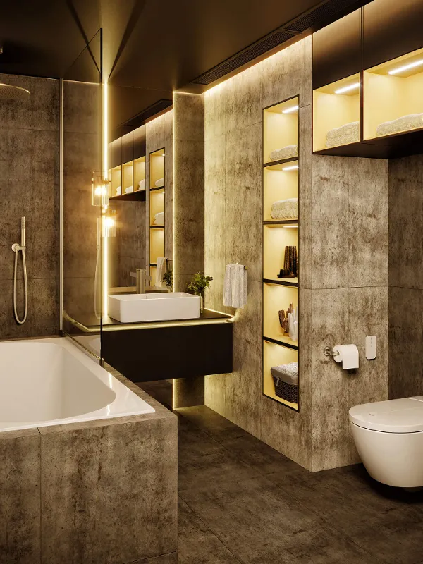 Collaro washbasin in a dark-coloured bathroom with indirect lighting.