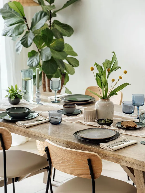 Tavolo da pranzo apparecchiato per sei persone con piatti della collezione Lave di Villeroy & Boch, bicchieri e piante come centrotavola in una stanza luminosa.