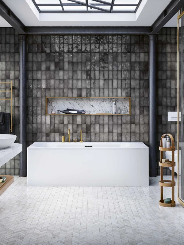 Modern bathroom with a Villeroy & Boch Loop & Friends bath Modern bathroom with a Villeroy & Boch Loop & Friends bath, a marble washbasin, a walk-in shower and large tiles on the walls. The room has a round mirror, wooden shelves and a skylight providing natural light.