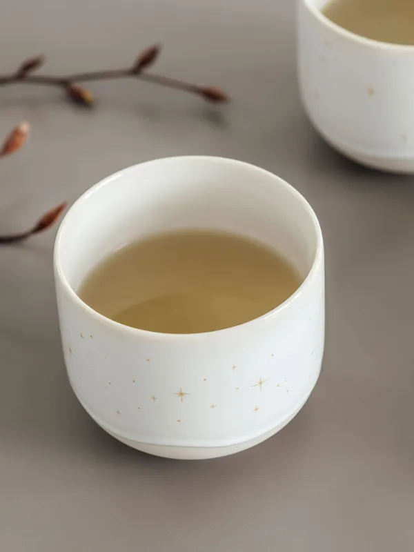 Deux tasses Winter Glow avec un motif d’étoiles, plus une assiette avec des biscuits et des branches décoratives sur un fond beige.