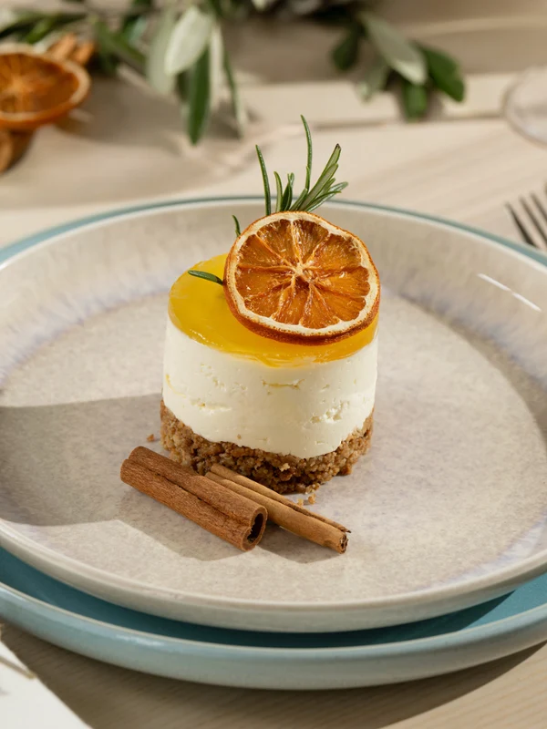 Mini tarta de queso decorada con una rodaja de naranja seca y una ramita, servida con ramas de canela en un plato de cerámica Perlemor.