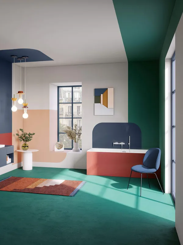 A bathroom with colourful walls and a Subway 3.0 bath.