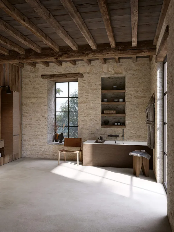 Subway 3.0 bath in a rustic bathroom with dark wooden ceilings.