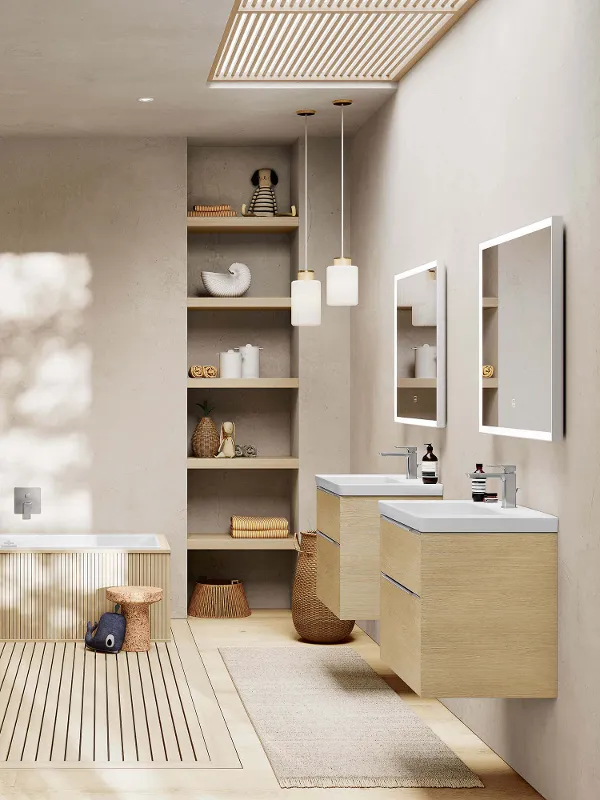 A bathroom with a wooden floor and elegant Subway 3.0 bathroom furniture in a wood look.