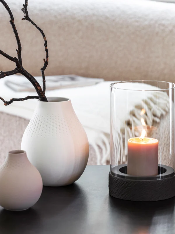 Manufacture Rock Home Lantern with Collier Perle Vases in White & Beige Manufacture Rock Home lantern styled with Collier Perle vases in soft white and beige tones for a serene interior.