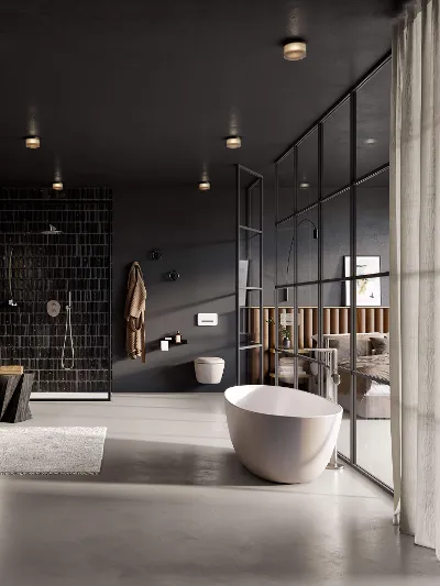 A modern bathroom with black walls and a white Antao bath by Villeroy & Boch.