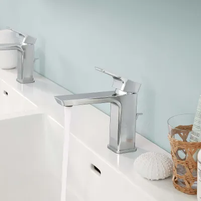 A Subway 3.0 double washbasin with silver-coloured taps in a bathroom with blue walls.