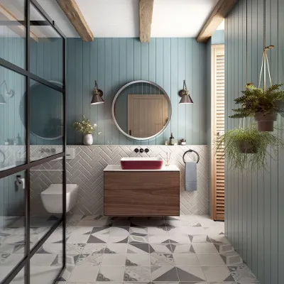 Finion Badmöbel in modernem Badezimmer Modernes Badezimmer mit Holzwaschtisch, rundem Spiegel und geometrischen Fliesen. Verfügt über eine wandmontierte Toilette, Pflanzen und Holzbalken an der Decke. Die Wände sind blau mit weißen Fliesenakzenten.