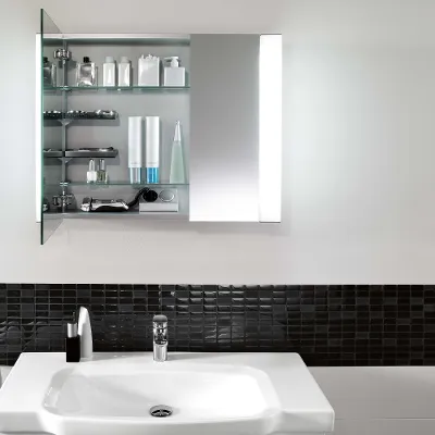 A wall-mounted mirror cabinet and a Sentique washbasin in a bathroom by Villeroy & Boch.