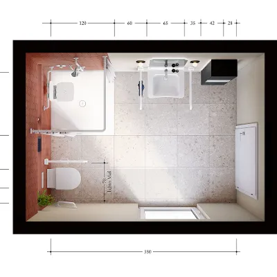Pianta di un bagno senza barriere con le relative dimensioni.