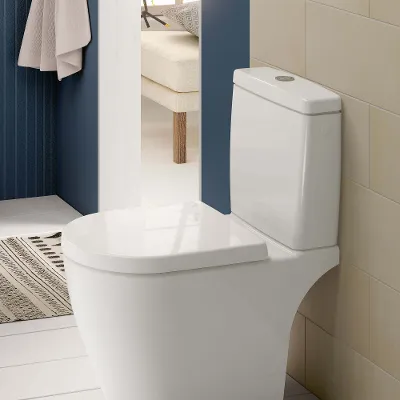 A white floor-standing toilet with cistern in a minimalist bathroom with beige and blue walls.