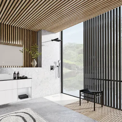 A white rimless Le Valence shower tray in a modern bathroom by Villeroy & Boch with wood panelling.