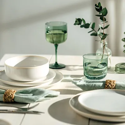 A dining table setting with white Crafted plates, green glasses from like Glass and bowls, along with green napkins with gold holders and green leaf decoration.