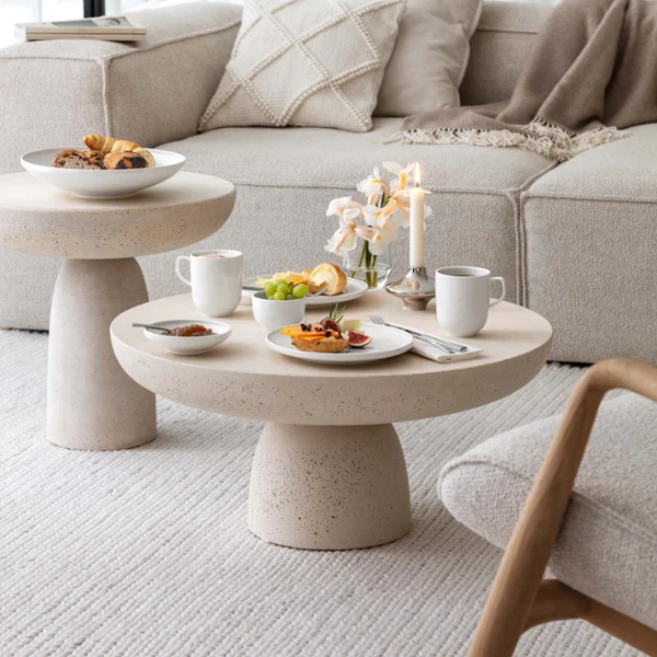 Breakfast in a beige-coloured living room with white Villeroy & Boch Afina crockery.