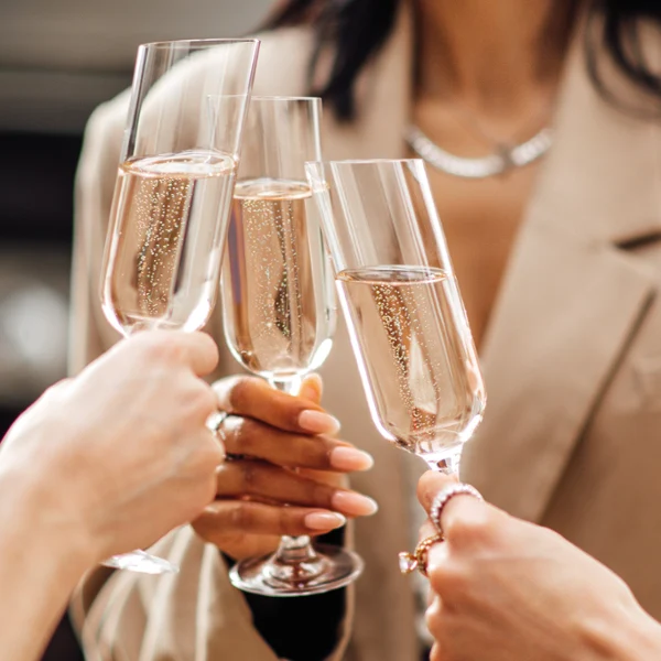 NewMoon champagne glasses in a toast Three people dressed in neutral colours making a toast with Villeroy & Boch NewMoon champagne glasses.