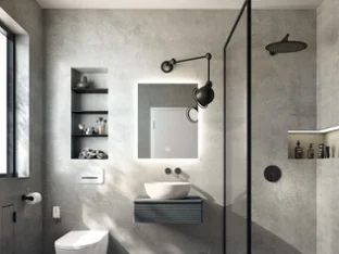 Une salle de bains rustique moderne à la fois en beige avec un plan de toilette Finion élégant, un lavabo Memento 2.0 blanc, une douche à l’italienne avec des carreaux structurés beiges et une baignoire Finion en îlot de Villeroy & Boch.